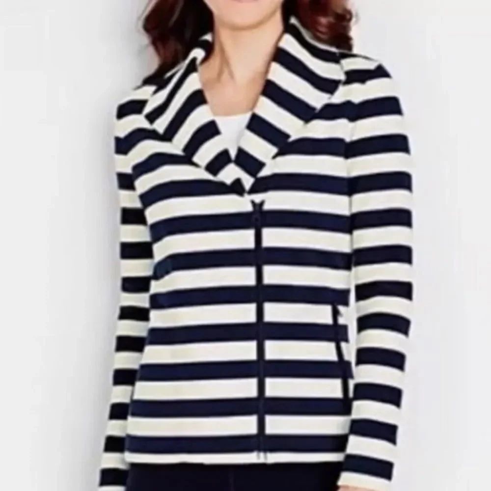 Talbots Women’s White & Navy Blue Striped Textured Full Zip Moto Jacket. Size M